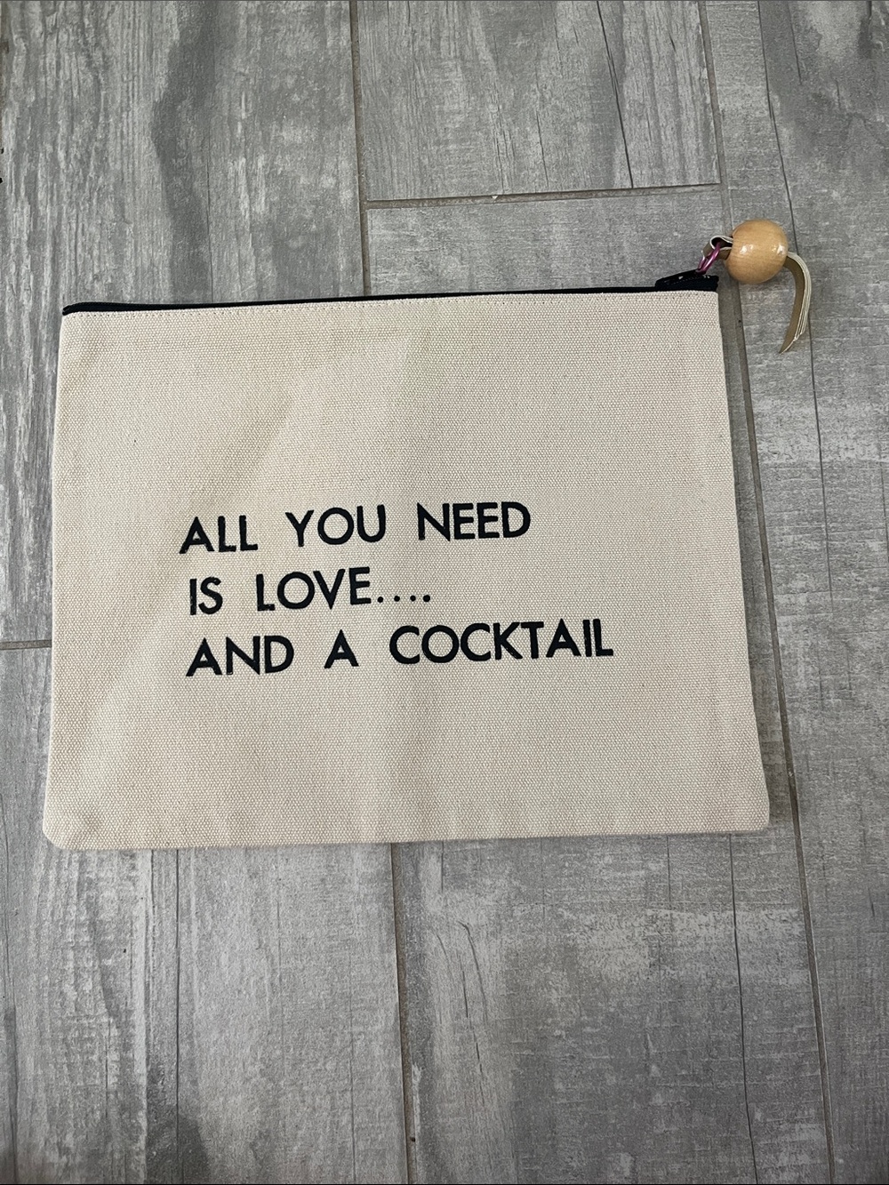 Canvas Zip Pouch with Black Trim and Decorative Wooden Bead